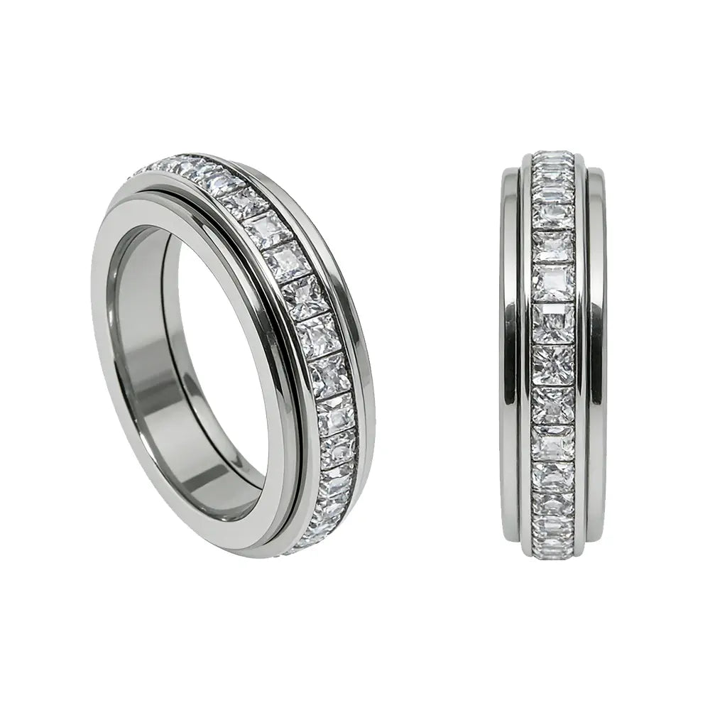 Anxiety Rings for Women and Men Titanium Steel Spinner Fidget Band Rings with Cubic Zirconia for Stress Relief and Wedding Promise Comfort Fit Size 5 to 12